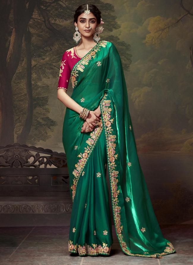 Fancy Green Party Wear Embroidery Work Saree